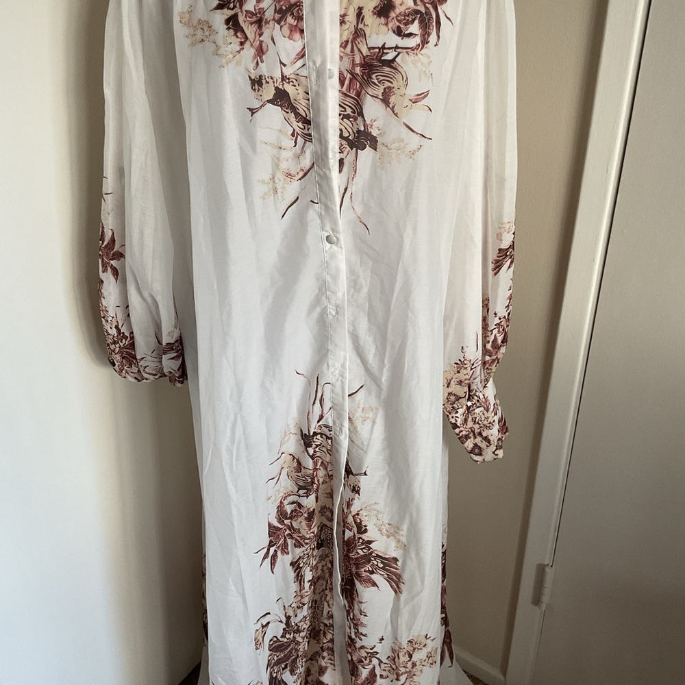 Itoo Italy Floral Maxi Shirt Dress Sheer Long Sleeve Belted Size Large - Picture 7 of 11